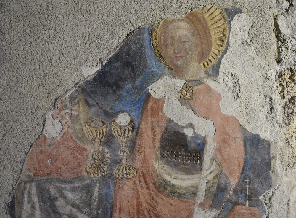 Eucharistiedarstellung mit der heiligen Barbara und Christus (?), ca. aus dem Jahre 1430.